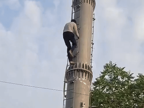 प्यार में धोखा मिलने पर टावर पर चढ़ा युवक:एक घंटे की मशक्कत के बाद बचाई जान, प्रेमिका से विवाद के बाद उठाया कदम, पुलिस और आपदा प्रबंधन टीम ने संभाला मोर्चा