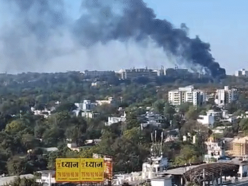 भोपाल में सतपुड़ा भवन के पास झाड़ियों में लगी आग:दूर से दिखाई दिए धुएं के गुबार, स्मार्ट टॉयलेट में लगी थी आग, कई पेड़ झुलसे
