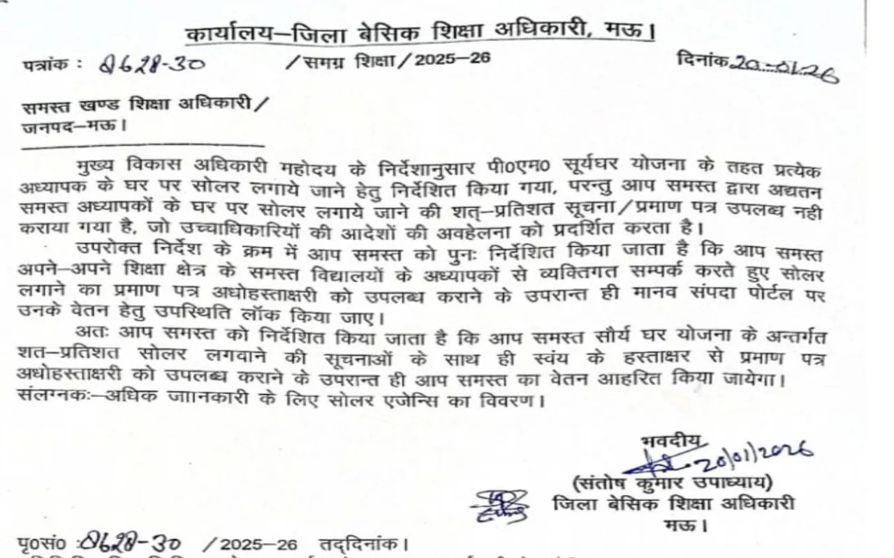 मऊ में शिक्षकों पर कुत्तों के बाद ‘सोलर दबाव’, अब वेतन से पहले सोलर पैनल, आदेश न मानने पर सैलरी लॉक