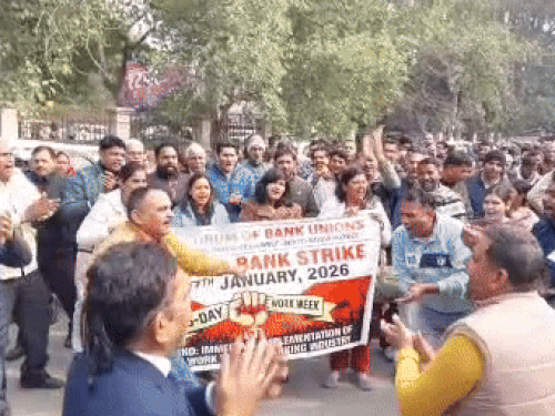 रोहतक में बैंक कर्मचारियों ने किया विरोध प्रदर्शन:सांसद दीपेंद्र हुड्डा को भेजा ज्ञापन, संसद में आवाज उठाने की मांग