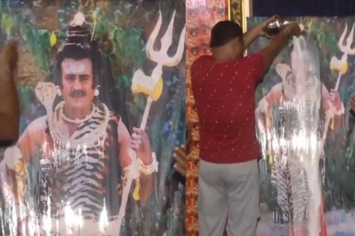 महाशिवरात्रि के मौके पर रजनीकांत की तस्वीर पर फैन ने चढ़ाया दूध, वीडियो देख भड़के लोग