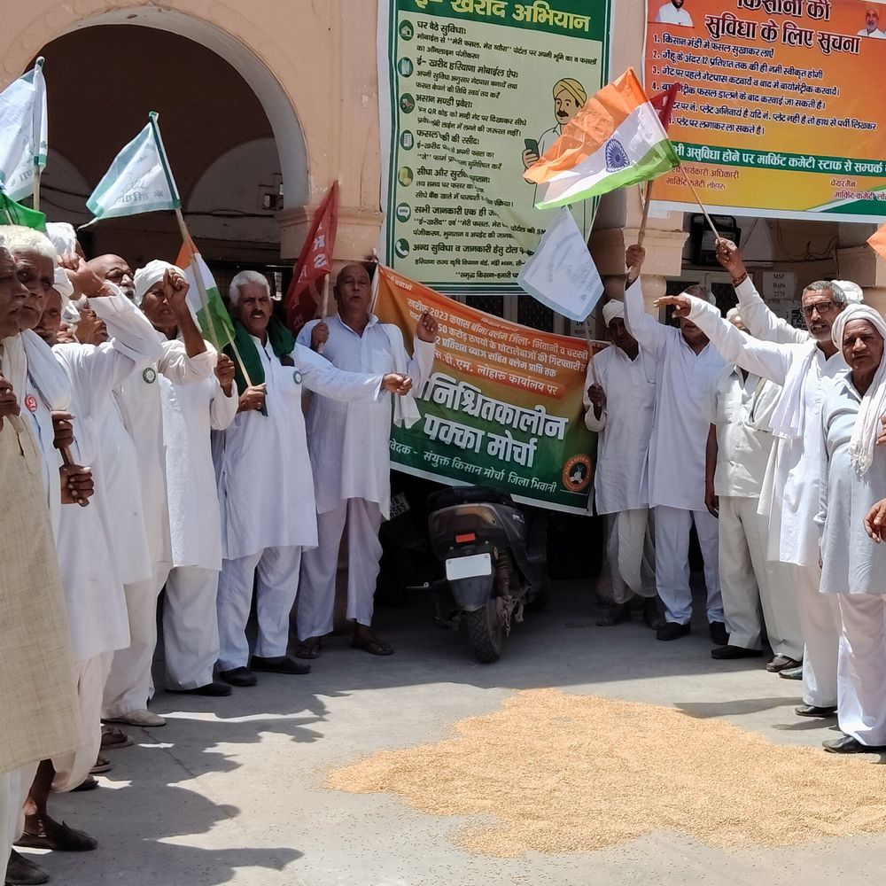 लोहारू अनाज मंडी में किसानों का प्रदर्शन:फसल खरीद के नए नियमों का विरोध, वापस लेने की मांग. आंदोलन तेज करने की चेतावनी