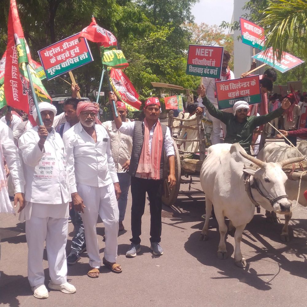 ललितपुर में सपा कार्यकर्ताओं का बैलगाड़ी, घोड़े पर प्रदर्शन:बढ़ती महंगाई, बिजली-पानी संकट पर डीएम को सौंपा ज्ञापन