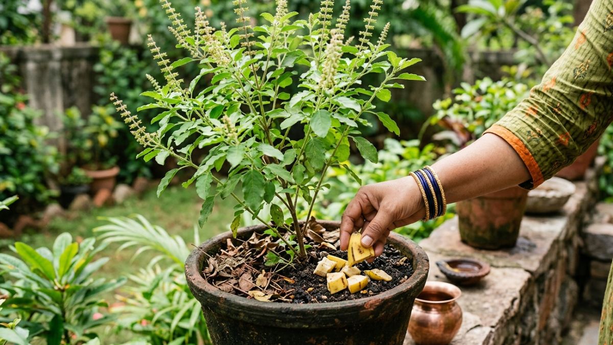तुलसी के पौधे में केले का छिलका डालने से क्या होता है?