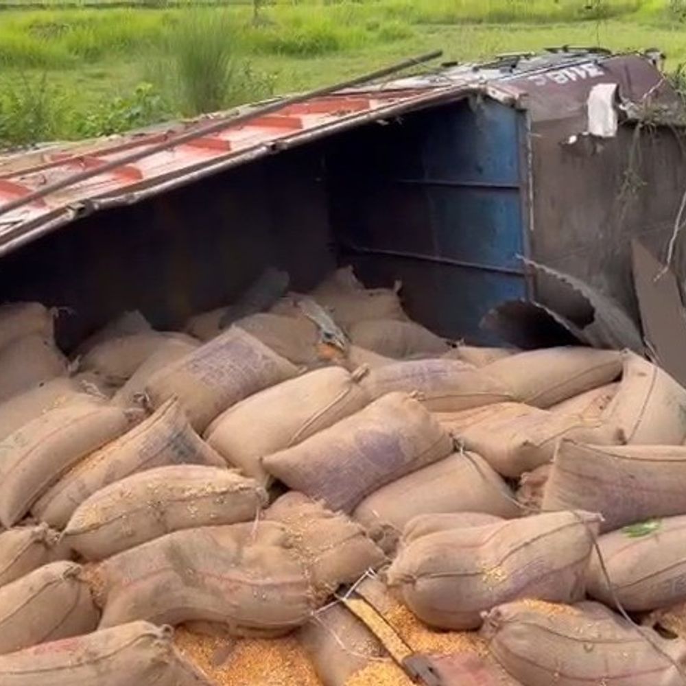 मुंगेर में मकई लदा ट्रक सड़क किनारे पलटा:बड़ा हादसा टला; नवगछिया से आसनसोल जा रहा था वाहन, ड्राइवर-खलासी सुरक्षित