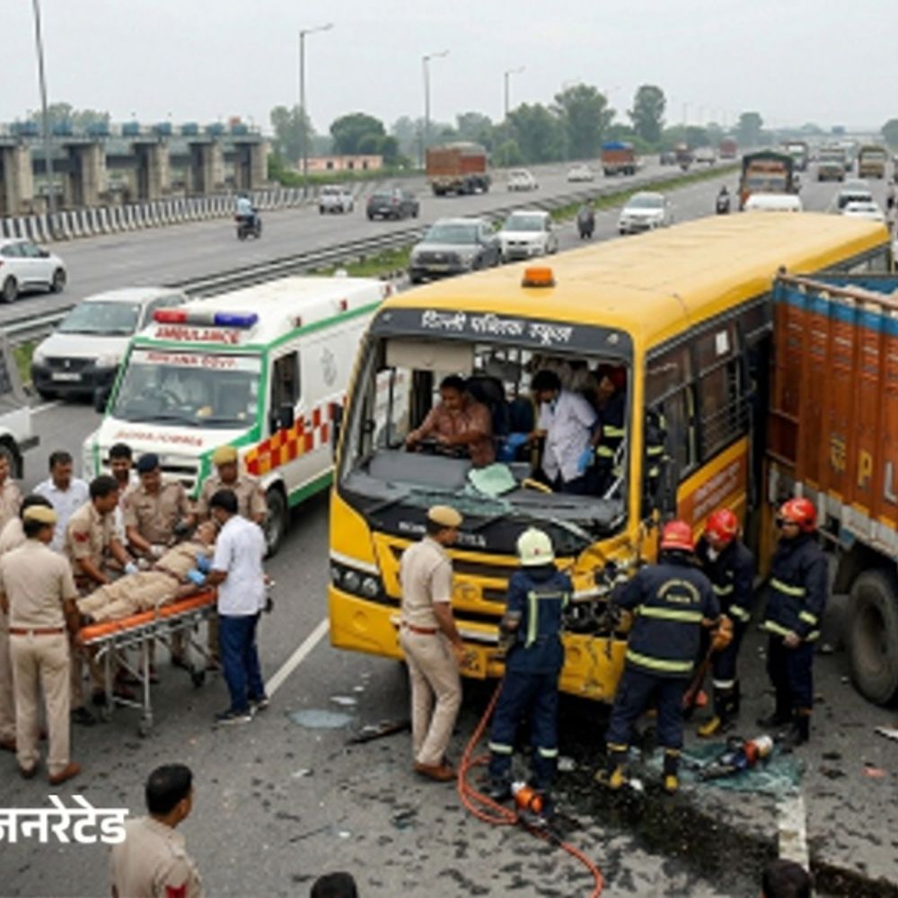 रेवाड़ी में स्कूल बस और ट्रक का एक्सीडेंट:दिल्ली जयपुर हाइवे पर मैसानी बैराज के पास हादसा, बस ड्राइवर गंभीर