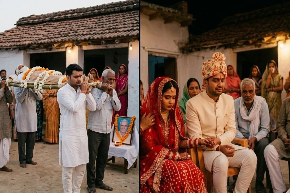 एक हाथ में चिता की आग, दूसरे में दुल्हन का हाथ, सेहरा सजाने से पहले बेटे ने दी पिता को मुखाग्नि