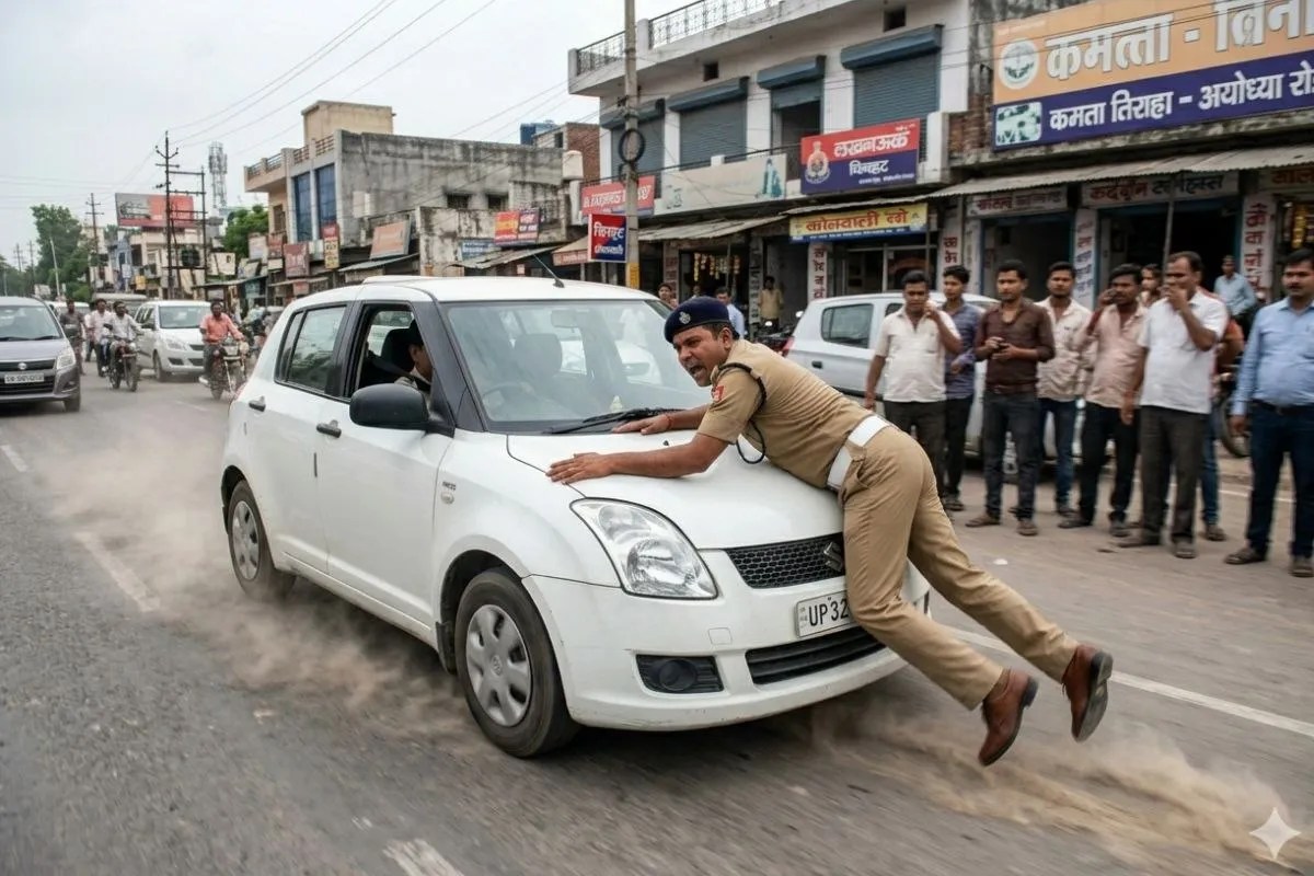 लखनऊ में सिरफिरे कार सवारों की गुंडागर्दी, ड्यूटी पर तैनात सिपाही को बोनट पर लटकाकर 200 मीटर तक घसीटा