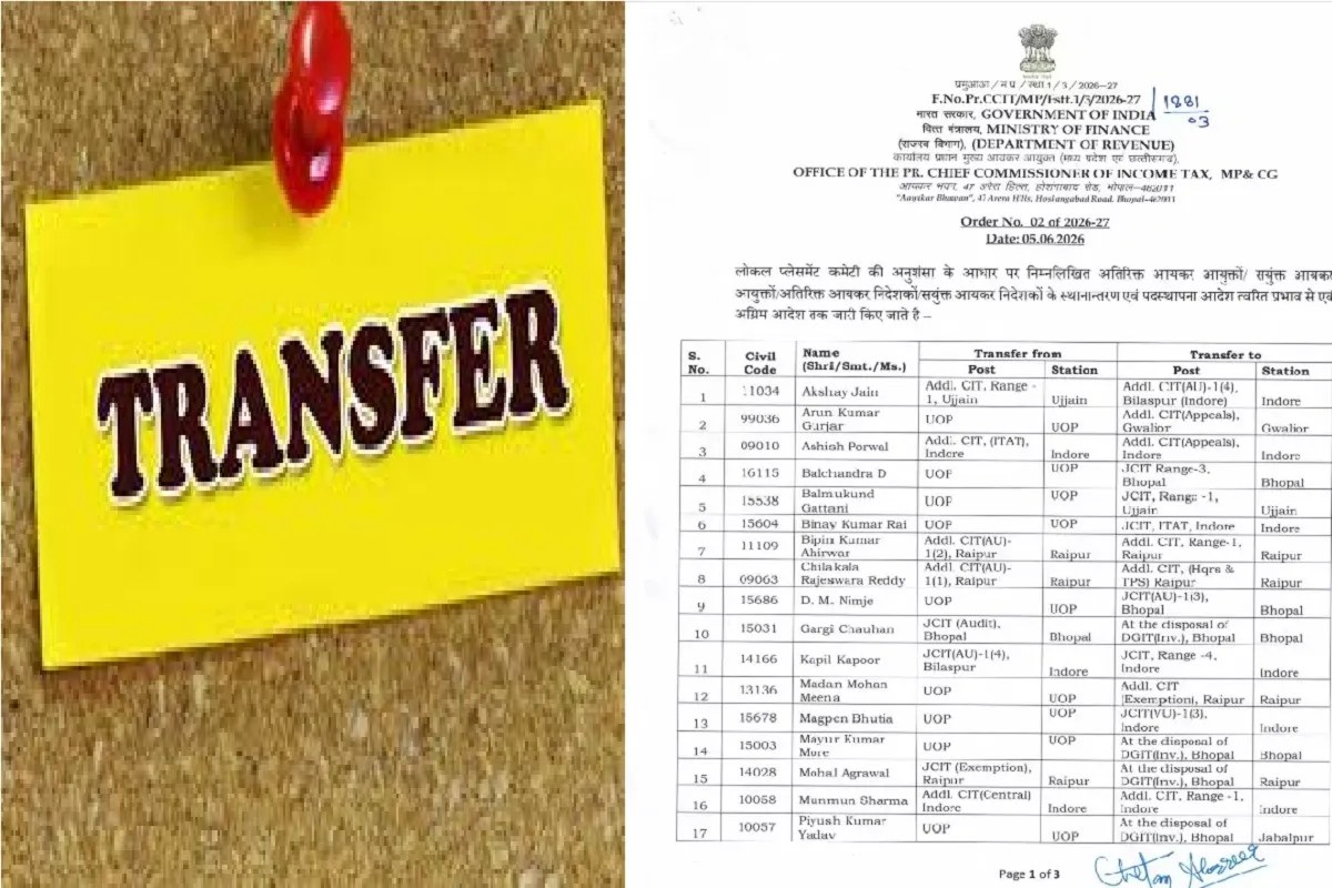 आयकर विभाग में बड़ा फेरबदल! बस्तर से ग्वालियर तक 182 अधिकारियों का हुआ ट्रांसफर, देखें list