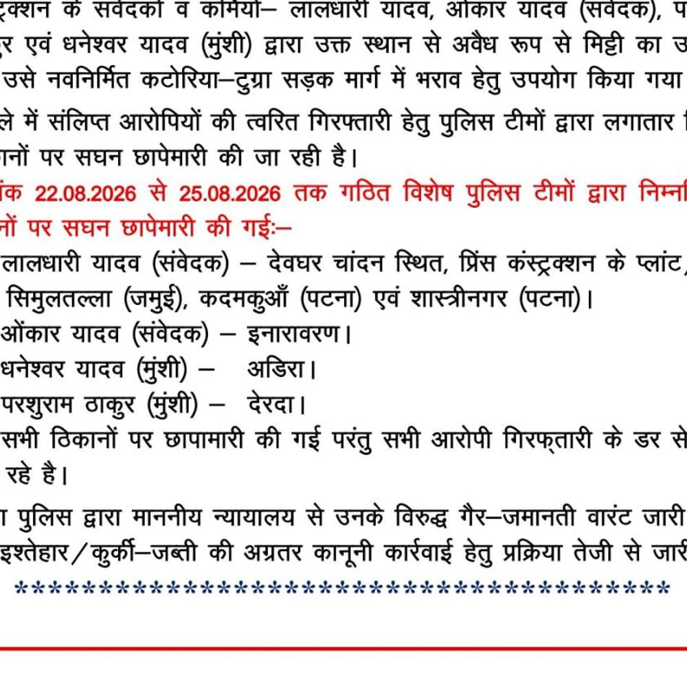 बांका में सरकारी जमीन से अवैध मिट्टी कटाई:4 आरोपियों के ठिकानों पर छापेमारी, सभी फरार; वारंट की तैयारी