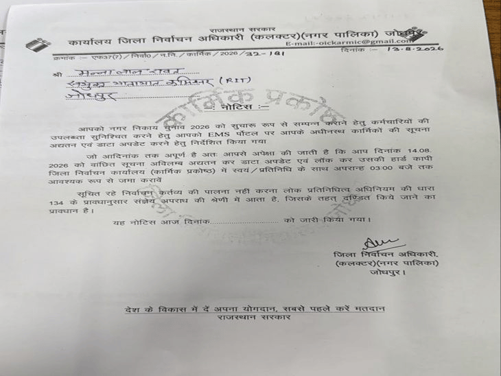 जोधपुर कलेक्टर ने उदयपुर सांसद को अफसर समझ भेजा नोटिस:चुनाव शाखा का 3 साल पुराना डाटा सिस्टम की गड़बड़ी; वीआरएस ले चुके रावत को कार्रवाई की दी धमकी