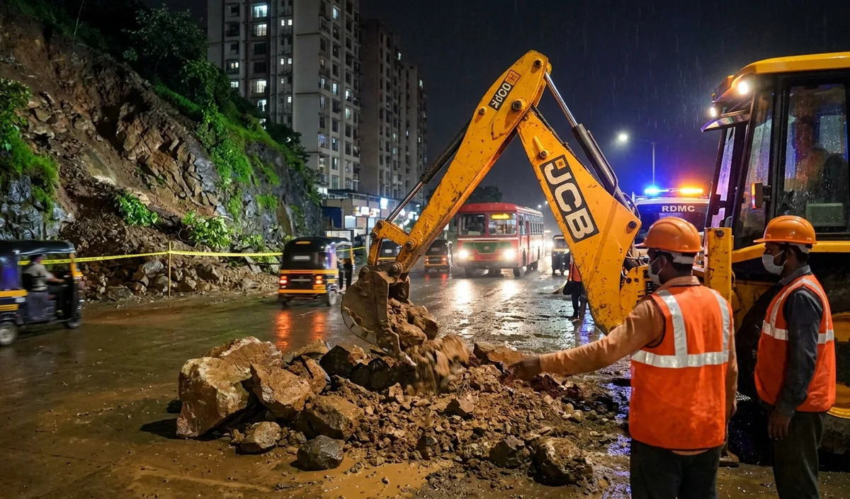 Thane के Ghodbunder Road पर भूस्खलन के बाद मलबा हटाकर यातायात चालू कराया गया
