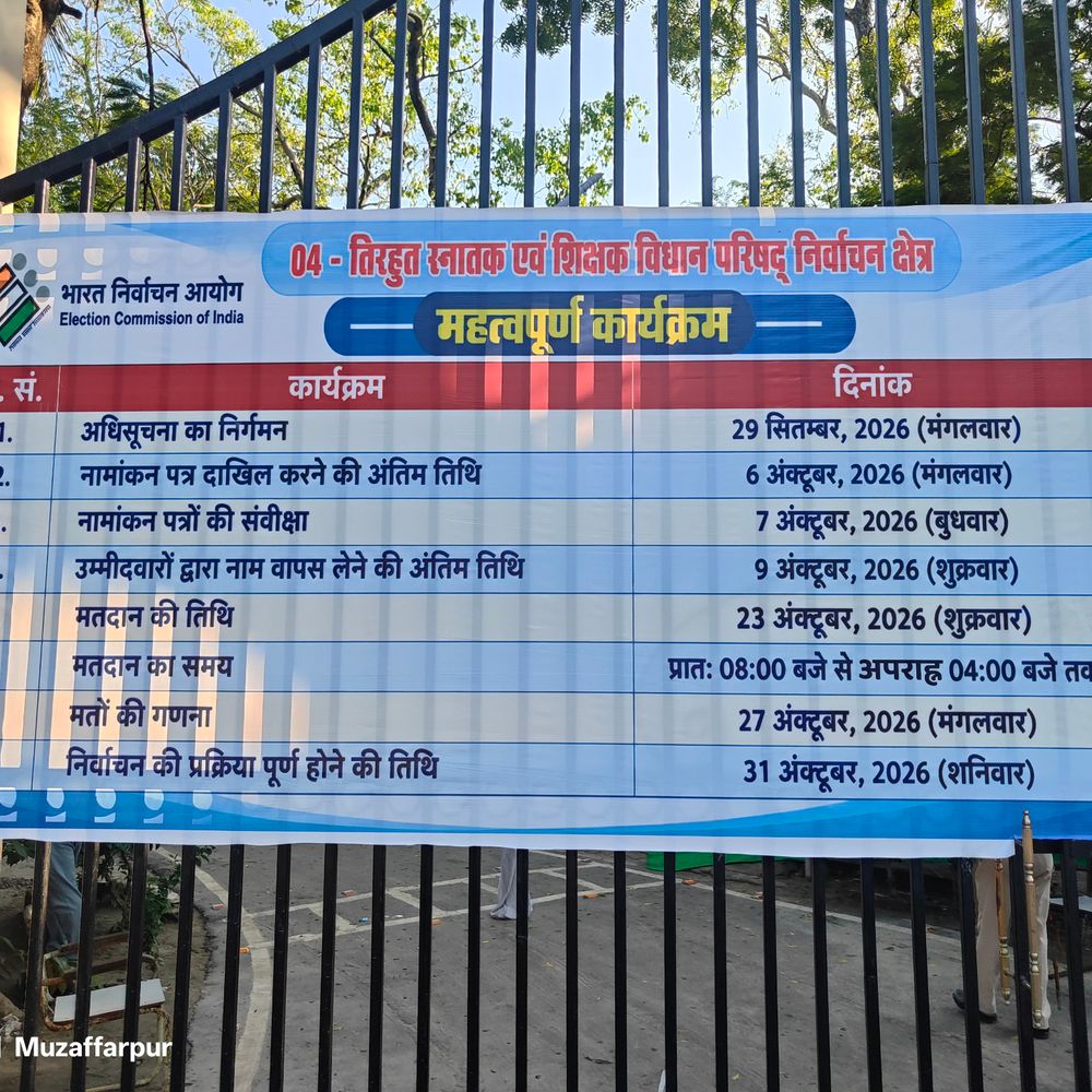तिरहुत स्नातक-शिक्षक निर्वाचन क्षेत्र के लिए आज से नामांकन:पहले दिन निवर्तमान एमएलसी संजय कुमार सिंह, बंशीधर ब्रजवासी पर्चा दाखिल करेंगे; 23 अक्टूबर को होगी वोटिंग