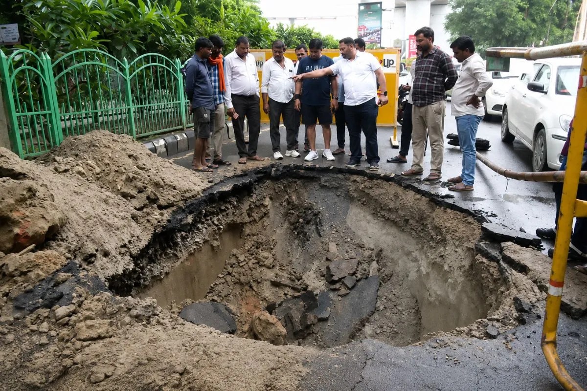 लखनऊ में पूर्व डिप्टी CM दिनेश शर्मा के आवास के सामने धंसी सड़क, 10 फीट गड्ढे में गिरी बाइक; युवक घायल