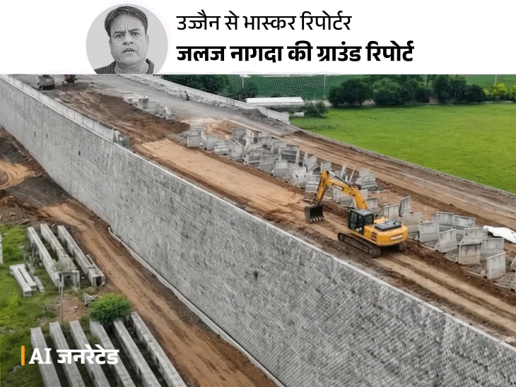 NHAI ब्रिज का एप्रोच रोड बार-बार ढह रहा:बिना स्टेपिंग के बनाई 17 मीटर ऊंची दीवार, पानी निकालने के रास्ते भी नहीं