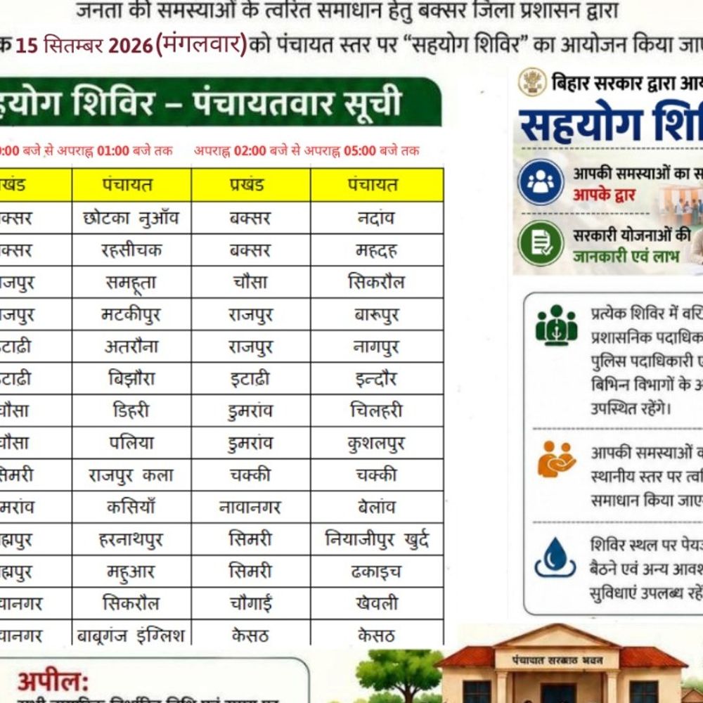 15 सितंबर को 28 पंचायतों में लगेंगे सहयोग शिविर:बक्सर में मौके पर ही होगा लोगों की समस्याओं का समाधान