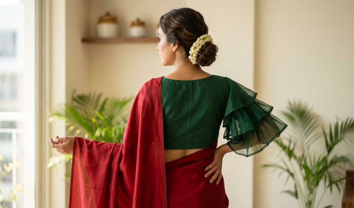 Plain Saree पर स्टाइलिश लुक के लिए बेस्ट हैं ये 4 Frill Sleeves Blouse Designs