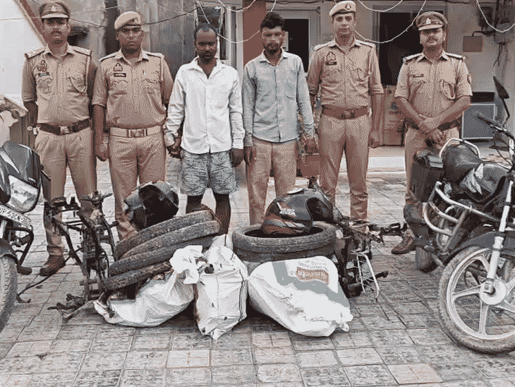 ई-रिक्शा से रेकी, फिर बाइक चोरी, पार्ट्स में बेचते थे:गोरखपुर कैंट पुलिस ने 2 शातिर चोरों को दबोचा, 4 बाइक बरामद