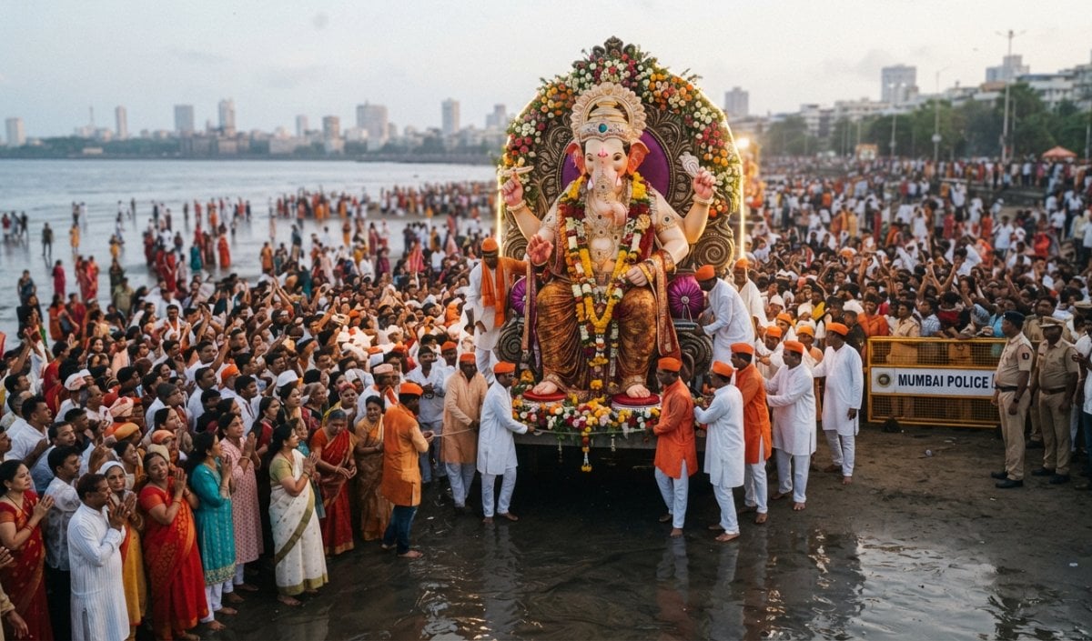 Mumbai में 21 घंटे की विसर्जन यात्रा के बाद समुद्र तट पहुंचे Lalbaugcha Raja