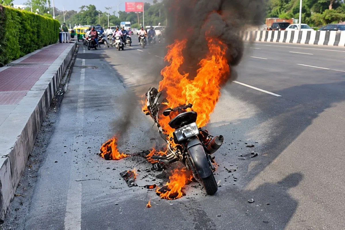 लखनऊ में चलती बाइक बनी आग का गोला, दमकल टीम ने पाया काबू