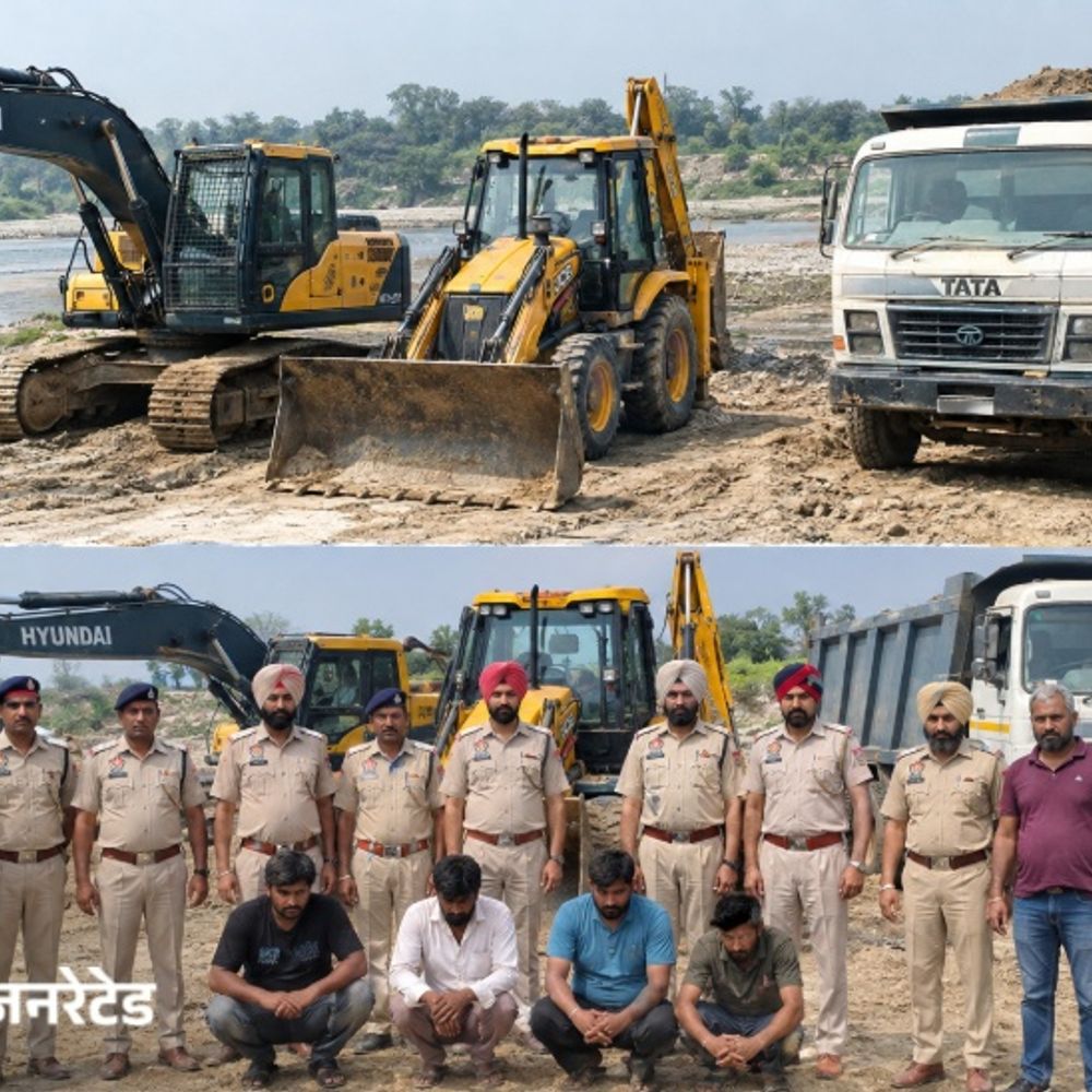 पठानकोट में अवैध खनन करते 4 आरोपी गिरफ्तार:माइनिंग विभाग और नरोट पुलिस ने तड़कसार की छापेमारी, पोकलेन, JCB और टिप्पर जब्त