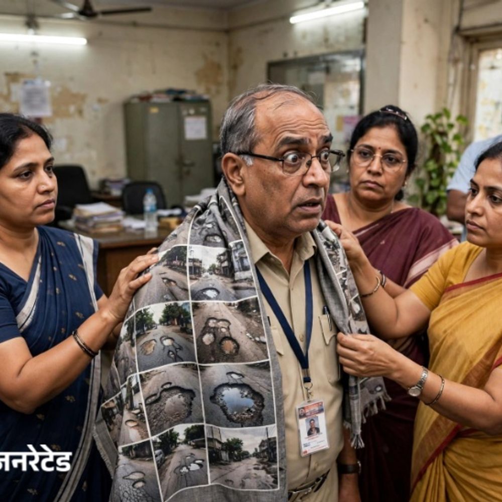 कल्याण में सब-इंजीनियर को पहनाया गड्ढों वाली तस्वीरों का शॉल:बदहाली पर शिवसेना UBT महिला पार्षदों का विरोध, बोलीं- सड़कें ठीक करवा दो, असली शॉल देंगे