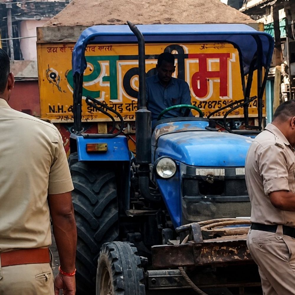 नो-एंट्री में घुसी रेत से भरी ओवरलोड ट्रैक्टर-ट्रॉली का चालान:ग्वालियर में हुए हादसे से सबक लेकर दतिया में सख्ती; 7 ट्रैक्टर पकड़े जा चुके