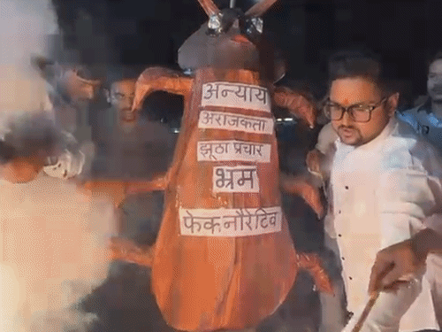 कानपुर में कॉकरोज का पुतला दहन किया:CJP के खिलाफ की जमकर नारेबाजी, प्रदर्शनकारी बोले- पीएम का अपमान बर्दाश्त नहीं
