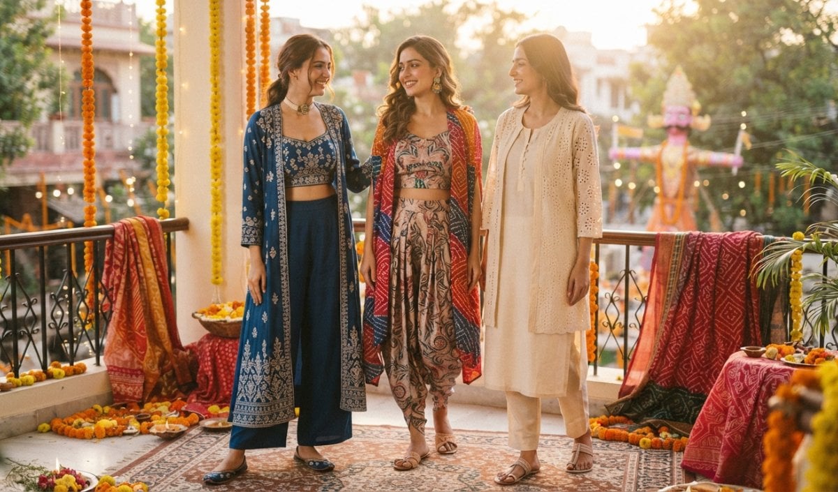 Beauty Tips: Dussehra पर भारी कपड़ों की जगह महिलाएं चुनें ट्रेंडी Indo-Western Shrug Sets